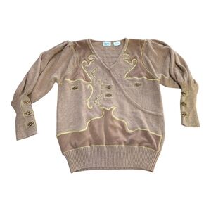 Bonnie & Bill by Holly Vintage 80s Women Medium Camel Brown Sparkle Jewel V-Neck